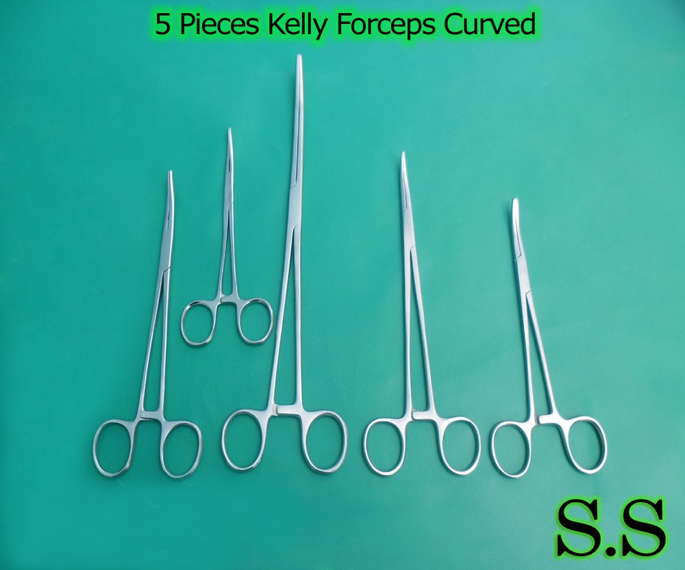 5 Pieces Kelly Hemostat Forceps Curved 5.5″+6.5″+7″+8″10″ Surgical Instrument