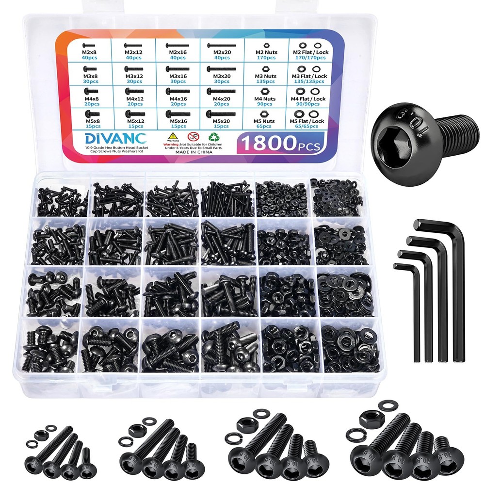 1800PCS Metric Screw Assortment, Bolt M2M3M4M5 1800PCS, Black