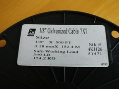 Galvanized Wire Rope Aircraft Cable, 1/8″, 7×7, 500 ft reel rated to 340lbs