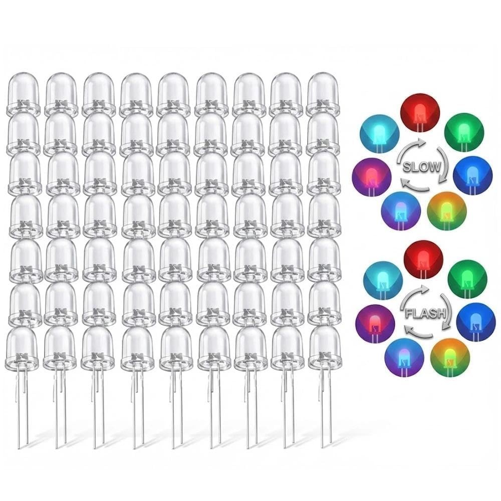 100PCS 10mm RGB Flashing Diodes, F10 Red Green Blue Clear Round Head Lights (…