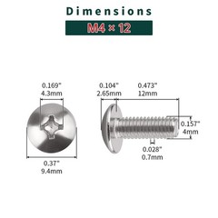M4-0.7 x 12mm Stainless Truss Head Machine Screws 100 Pcs, 18-8 304 Stainless…