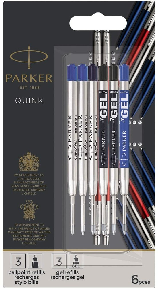 Parker 2032738 Jotter Refills Discovery Pack of 6 (3 Ballpoint & 3 Gel Refills)