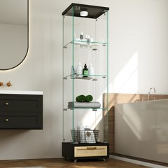 Tempered Glass Antique Curio Display Cabinet with Drawer RGB LED Light 4 Shelves