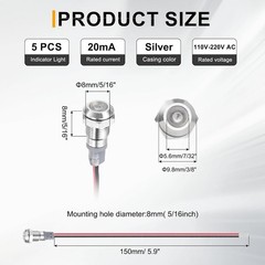 5 Pcs 8mm Nickel-Plated LED Indicator Light with 150mm Cable for 110V-220V