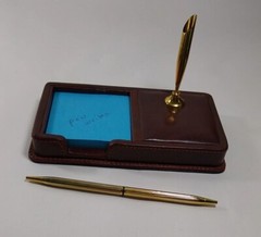 Desk Set 3 Piece ? FAUX LEATHER brown pen note pencil business card holders READ