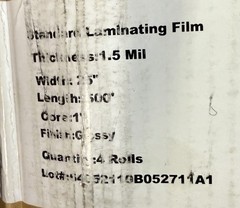 Laminating Film USI 25” By 500’ Gauge 1.5 Mill One Inch Core.