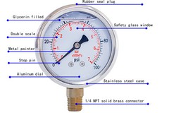 Pressure Gauge,Glycerin Filled,2-1/2″ Dia,0-100 PSI,1/4 NPT Lower Mount