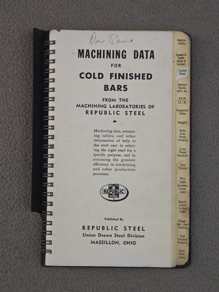 Republic Steel Machining Data For Cold Finished Bars Metals Book 1957