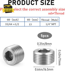 5 PCS 3/8″ NPT Male Pipe Plug Stainless Steel Pipe Plug Fitting Set Hex Counter