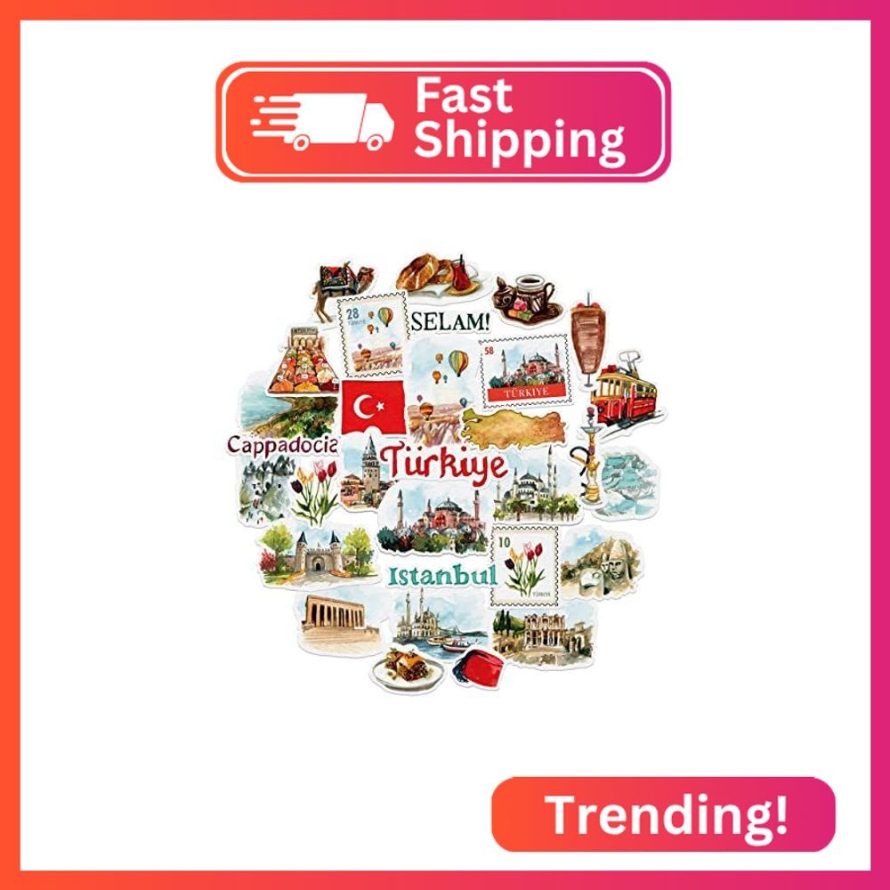 Navy Peony Tantalizing Türkiye Travel Stickers (31pcs) – Watercolor, Iconic Ista