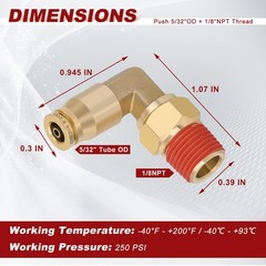5/32″ Quick Push to Connect Fittings Brass 90 5/32″OD Ã— 1/8″NPT Thread, Gold