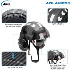 Carbon Fiber Safety Helmet W/ Double Goggles Earmuffs ABS Construction Hard Hat