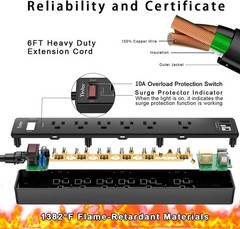 6Ft Power Strip Surge Protector 6 AC Outlets 3 USB Ports Extension Cord Black