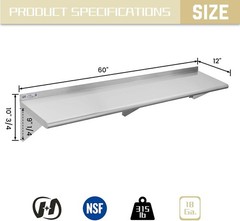 Stainless Steel Wall Mount Floating Shelf 12×60 Inch 315lb NSF Hally Inches Home