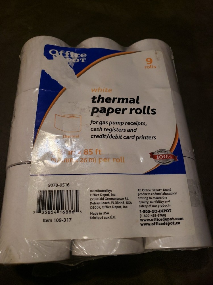 Thermal Paper Rolls, 2 1/4in. x 85ft., White, Pack Of 9, 109317