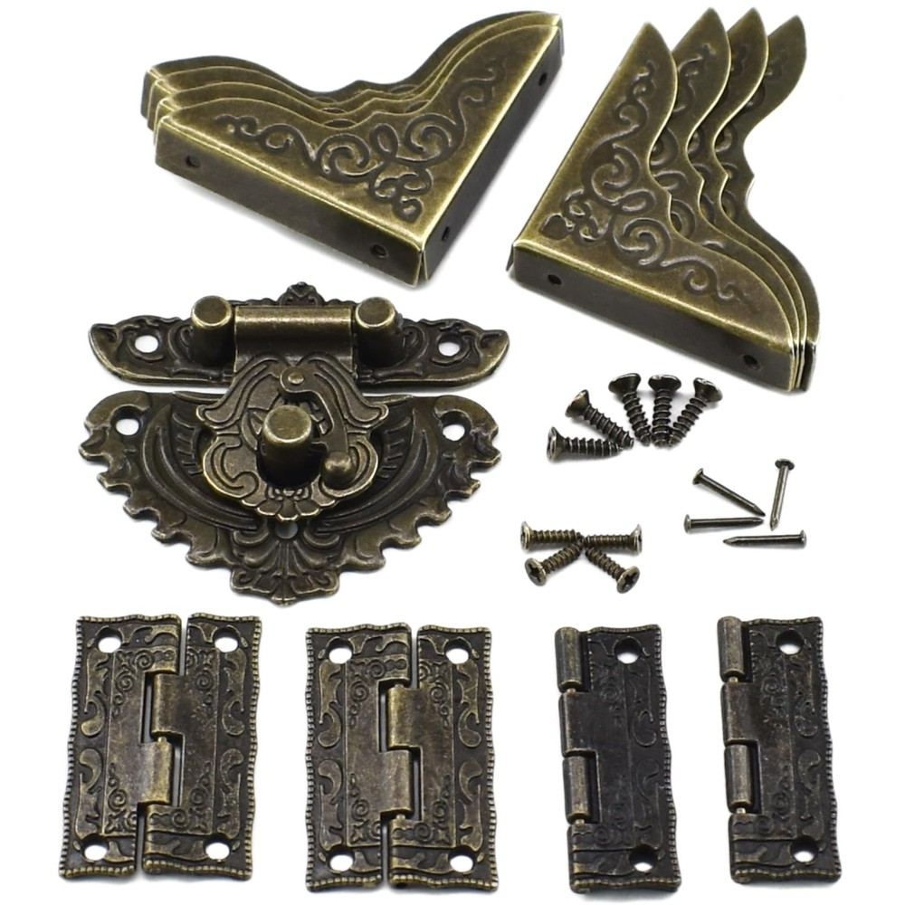 13Pcs Antique Engraved Latch Hasp Hinges Box Corner Protectors with Screws Ki…
