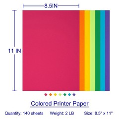 Colored Copy Paper 8.5X11 Inches,140 Sheets 8.5 x 11 inches, Rainbow colors