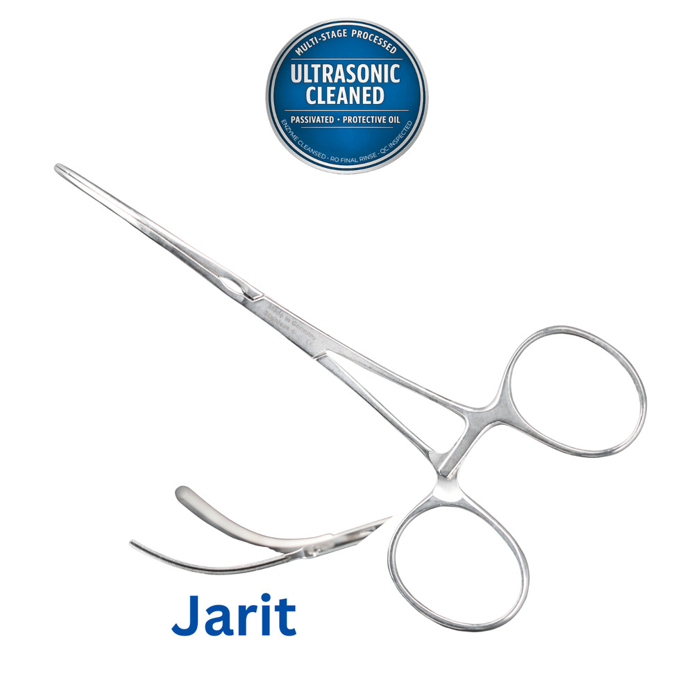 Jarit 320-190 DeBakey Bulldog Clamp, Serrated, S-Shaped, Curved, 5.25″