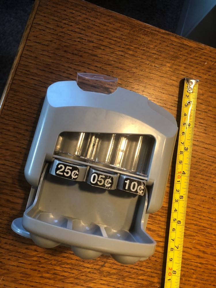 Coin sorting bank 25,10 & 5 cent folds up, push coin button to release coins