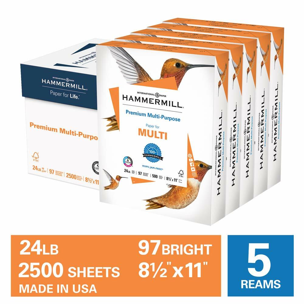 Hammermill Premium Multi-Purpose Copy Paper 8.5×11, 24 lb 97 Bright, 2,500Sheets