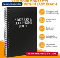 Iconikal Address Telephone Book, 8×5-Inch, Black, Spiral-Bound, 384 Contacts, Or
