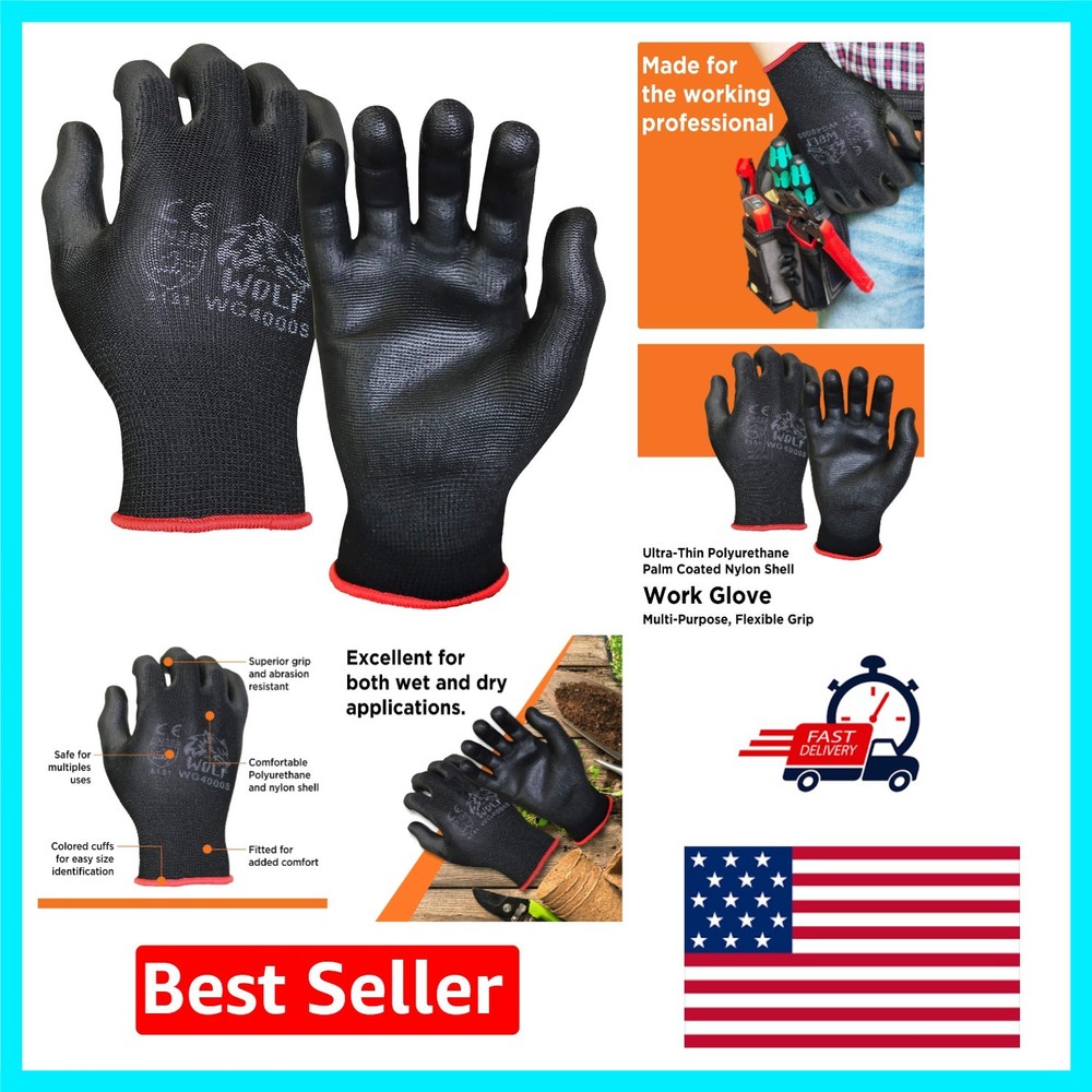 WOLF Waterproof Work Gloves – Polyurethane Coated for Enhanced Grip (Pack of 12)