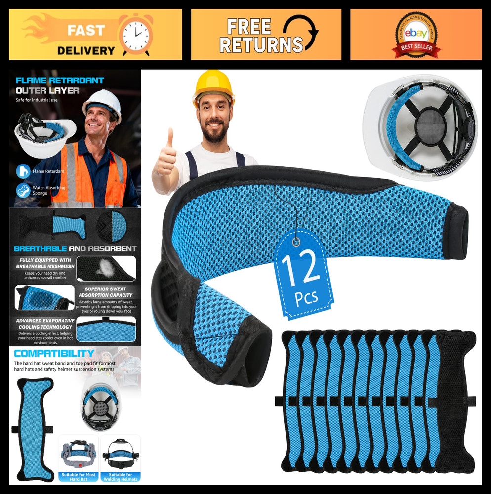 12 Pcs Hard Hat Sweatbands | Washable 3-Layer Liner for Safety Helmets, Cooling