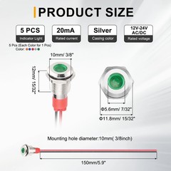 5Pcs 10mm( 3/8″) Indicator Light12V-24V AC/DC 20mA for Boat Car5 Colors