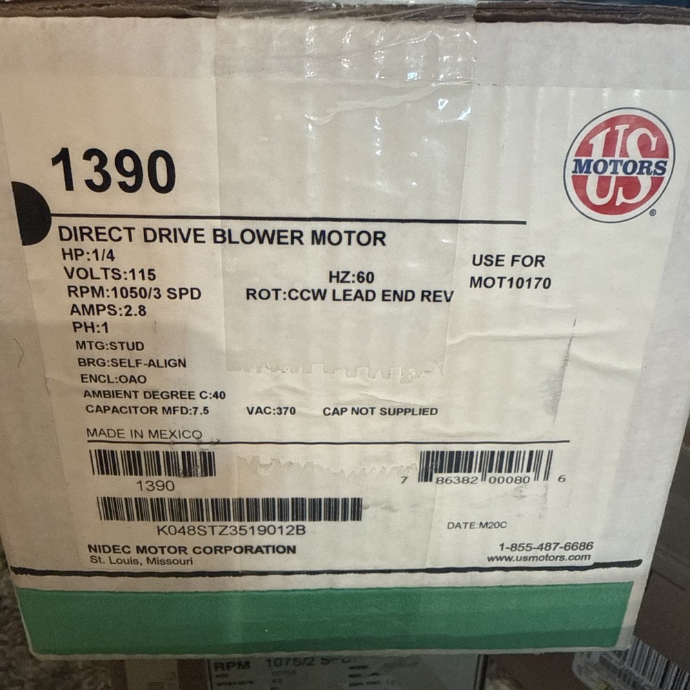 New US Motors 1390 K048STZ3519012B 1/4HP 115V Furnace Direct Drive Blower Motor