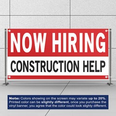 Now Hiring Construction Help 13 oz Heavy Duty Vinyl Banner Jobs Available Sign