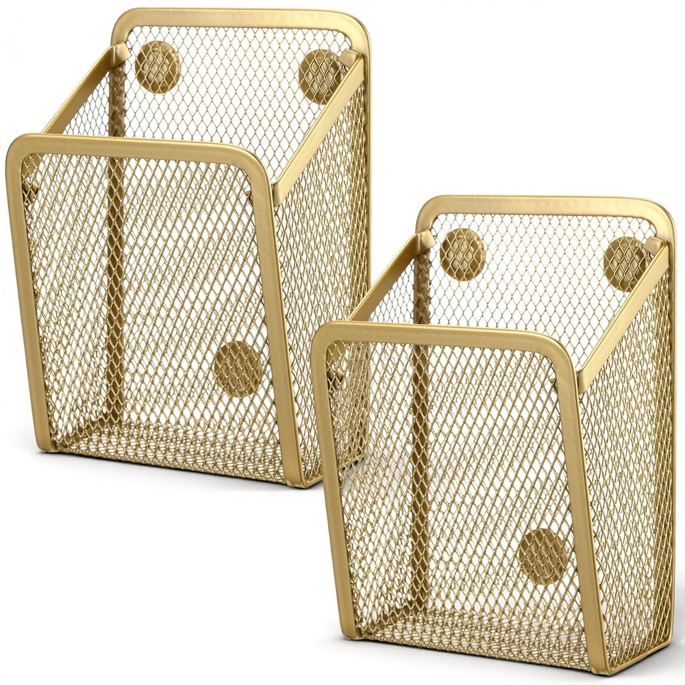 Fuutreo 2 Pcs Large Magnetic Pencil Holder Mesh Stainless Steel Pen Gold