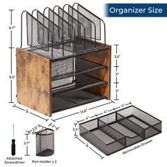 Wooden Desk Organizer, 4-Tier Mesh Desk Organizer with Drawer, Tray & 5 Verti…