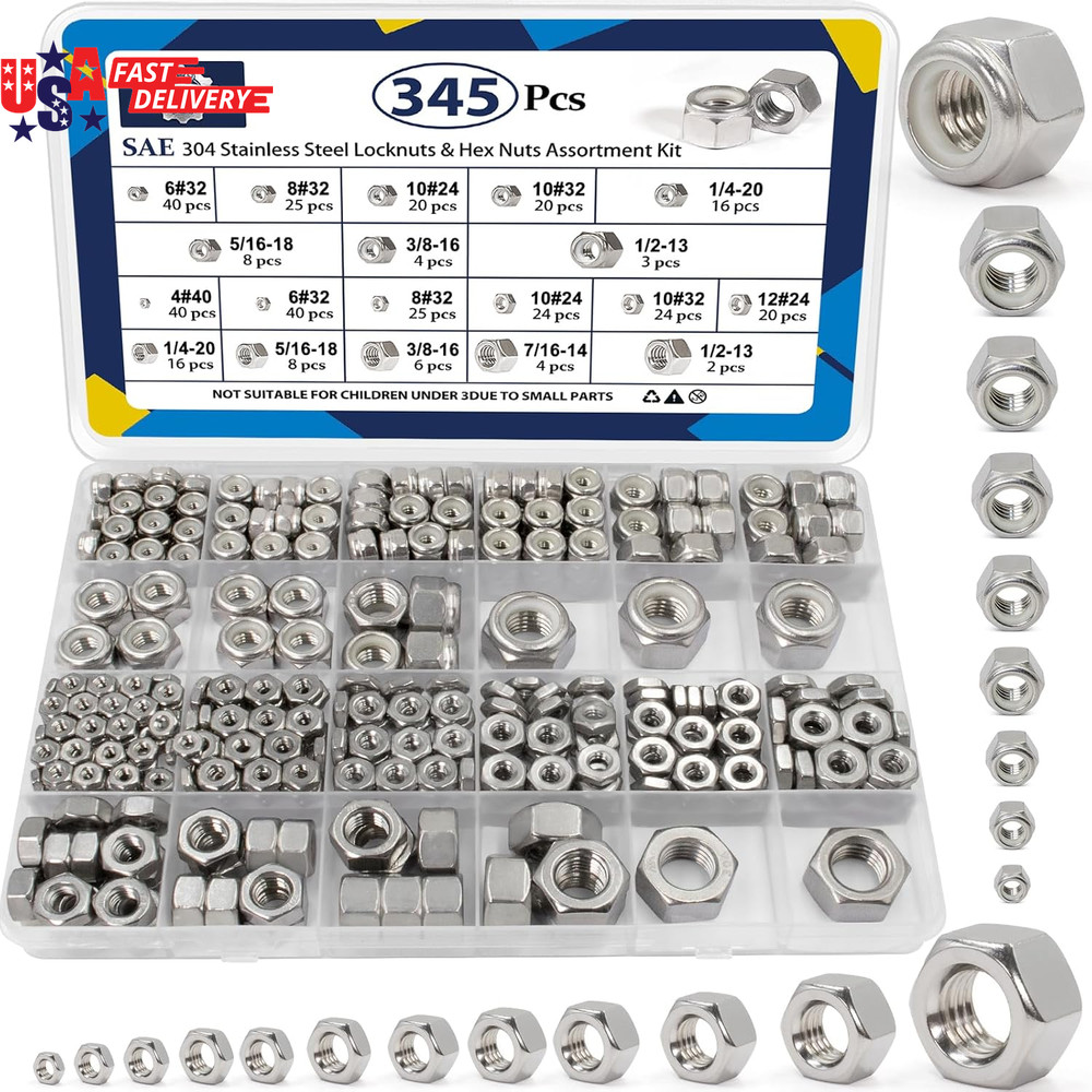 345 Pack SAE Hex Nut & Lock Nuts Assortment Kit, 4#40 6#32 8#32 10#24 10#32 12#2