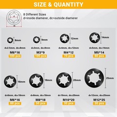 500PCS Internal Tooth Star Lock Washers Assortment Kit, Carbon Steel Black