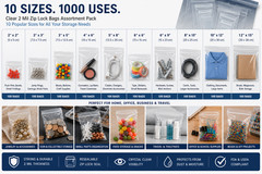 1000 Clear Zip Lock Bags Assortment 2 Mil 2×2 3×3 3×5 4×6 5×8 6×9 8×10 10×12