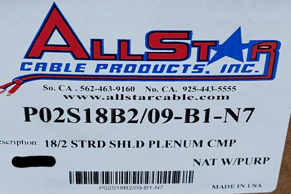 All Star Cable 18/2C Shielded Plenum Control/Security Cable White/Purple /100ft