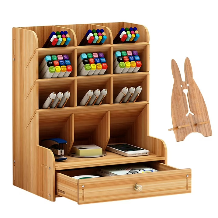 Marbrasse Wooden Desk Organizer DIY Pen Holder 12 Cab Marker Art Supply Storage