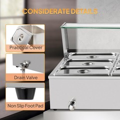 96QT 1500W Electric Commercial Food Warmer, 12-Pan Steam Table 8QT/Pan w/Shield