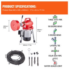 VEVOR Drain Cleaner Machine 66FT x 5/8In 250W Sectional Snake Auger Manual Feed