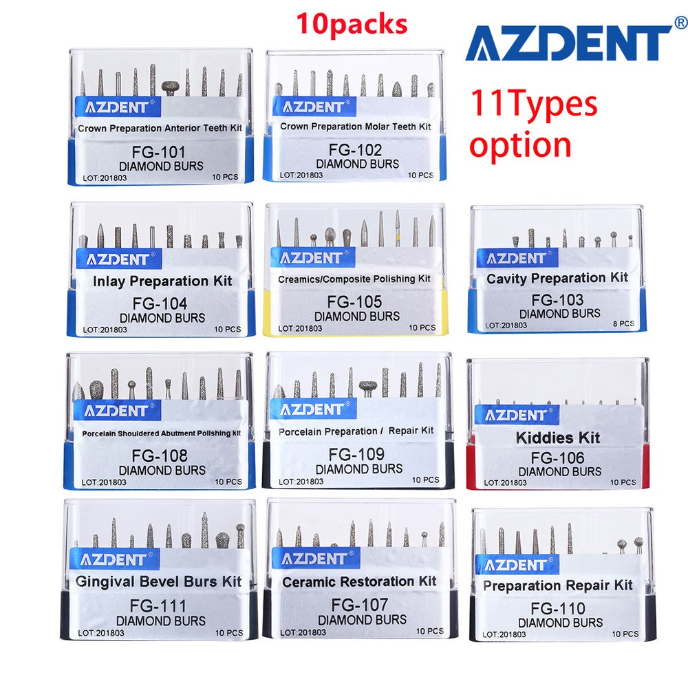 10 Packs AZDENT Dental Diamond Grit Bur Kit FG (Friction Grip) Fit High Speed