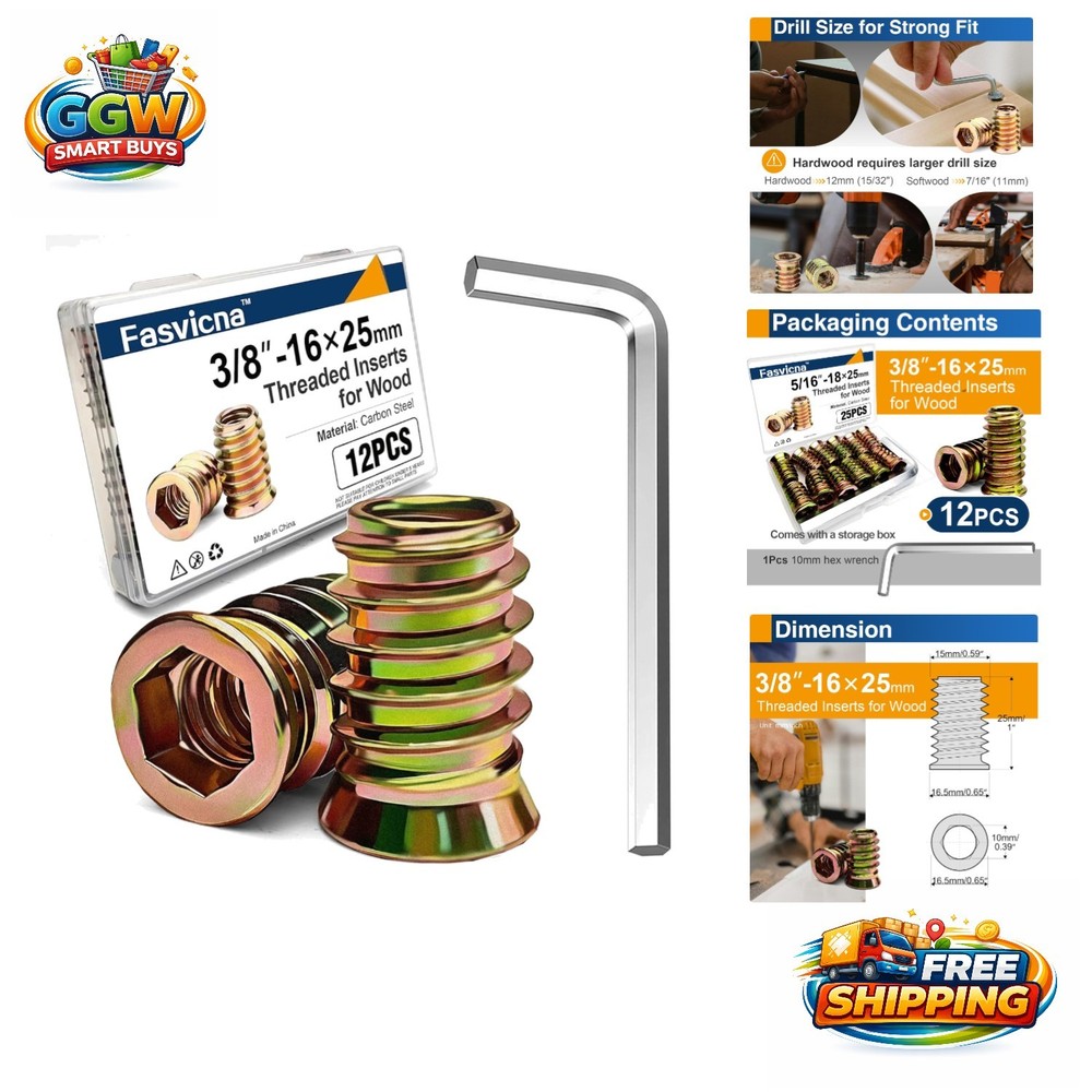 Industrial Grade 3/8″-16 Wood Insert Nuts Set – 12 Pack with Installation Guide