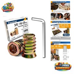 Industrial Grade 3/8″-16 Wood Insert Nuts Set – 12 Pack with Installation Guide