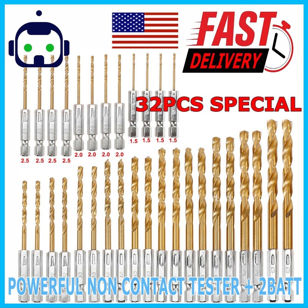 32pc 1/4” Hex Shank Titanium Coated Steel DRILL BIT Set Metal Wood Quick Change