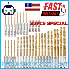 32pc 1/4” Hex Shank Titanium Coated Steel DRILL BIT Set Metal Wood Quick Change