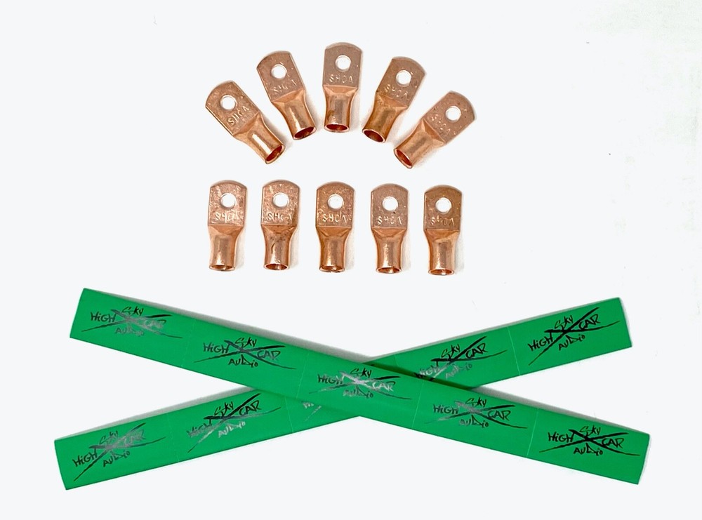 (10) 4 Gauge Copper Ring Terminals 1/4″ GREEN Heat Shrink Tubing LUGS