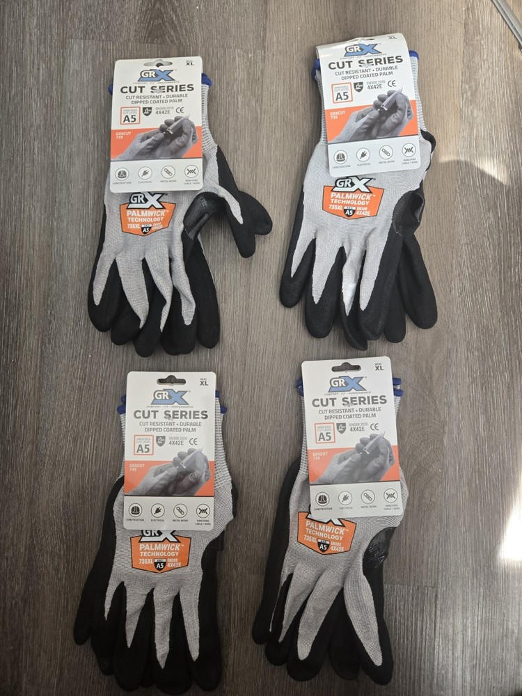 ** BRAND NEW** 4 pair GRX Dipped Coated Palm A5 Cut Resistant Gloves-GRXCUT35XL