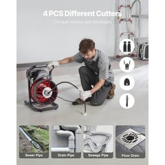 Uimoso Drain Cleaning Machine with 75FT x 1/2 In Cable and 4 Cutter Attachments