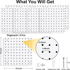 8Pcs White Pegboard Panels with Mounting Kits for Easy Installation and Storage