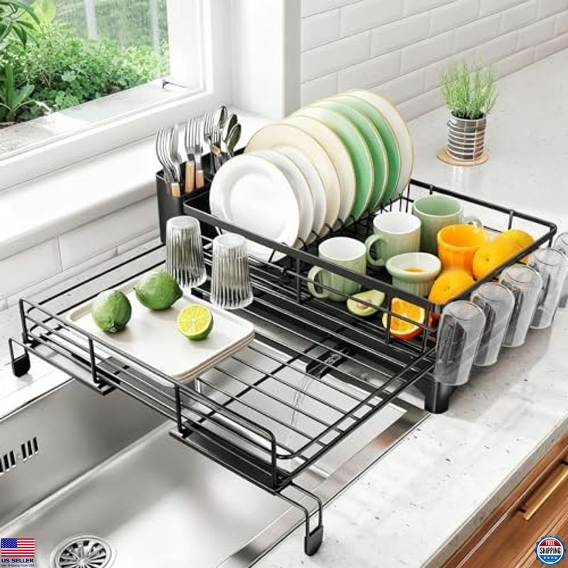 Dish Drying Rack Expandable, Large Sink Dish Rack with Utensil Holder and