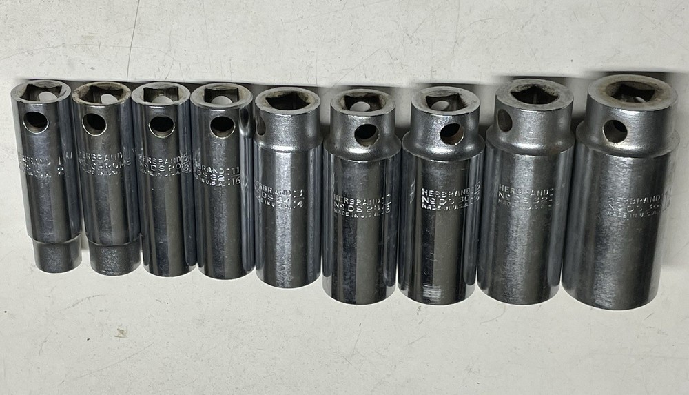 Herbrand 1/2” Drive 12 Pt Deep Sockets 1/2” To 1- 1/8” ~ 9 Pc. Set ~ Vintage USA